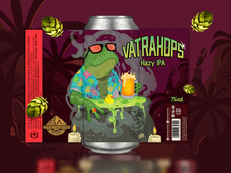 Vatrahops Hazy IPA illustrated artwork featuring the Upper Villagers frog mascot and can