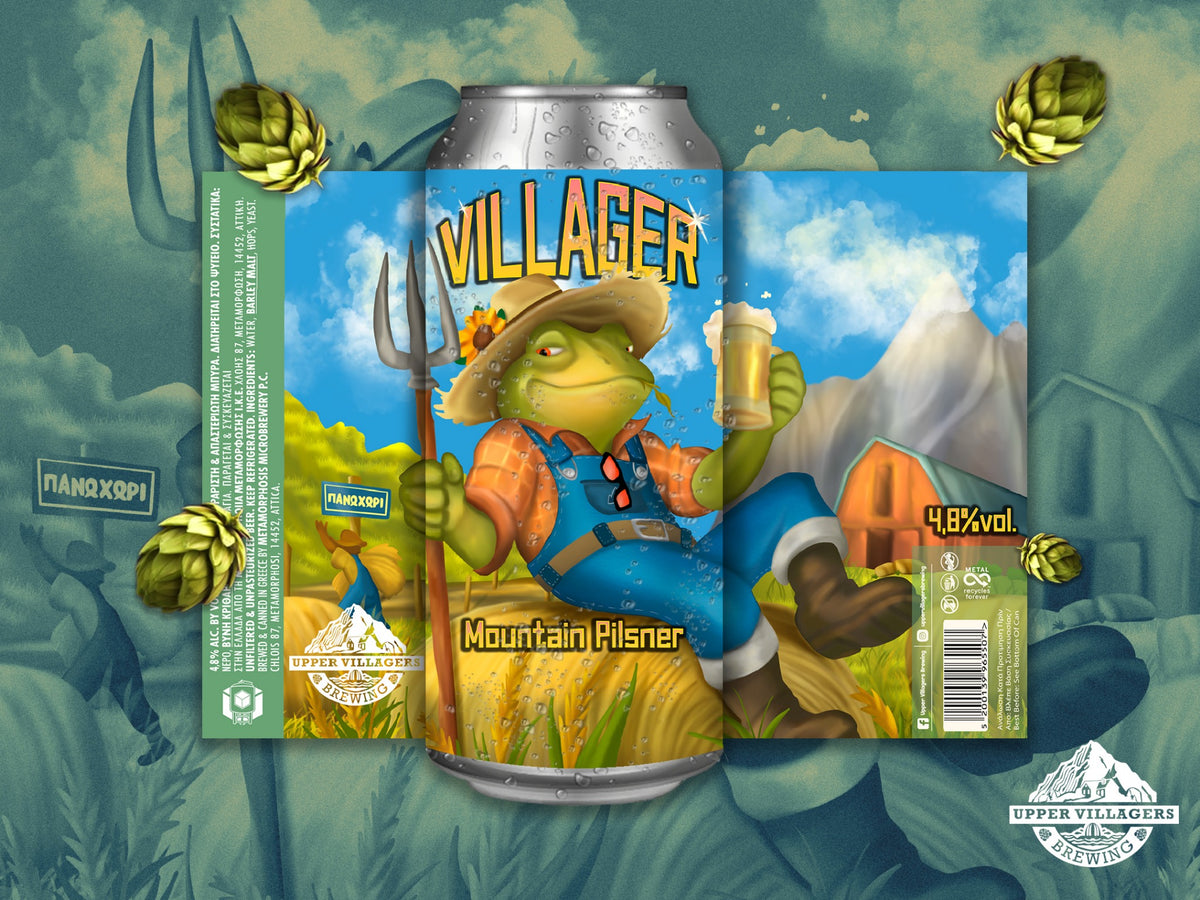 Villager Mountain Pilsner artwork showing 4.8% ABV and the farmer frog mascot