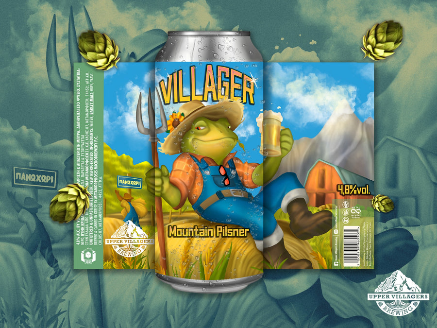 Villager Mountain Pilsner artwork showing 4.8% ABV and the farmer frog mascot